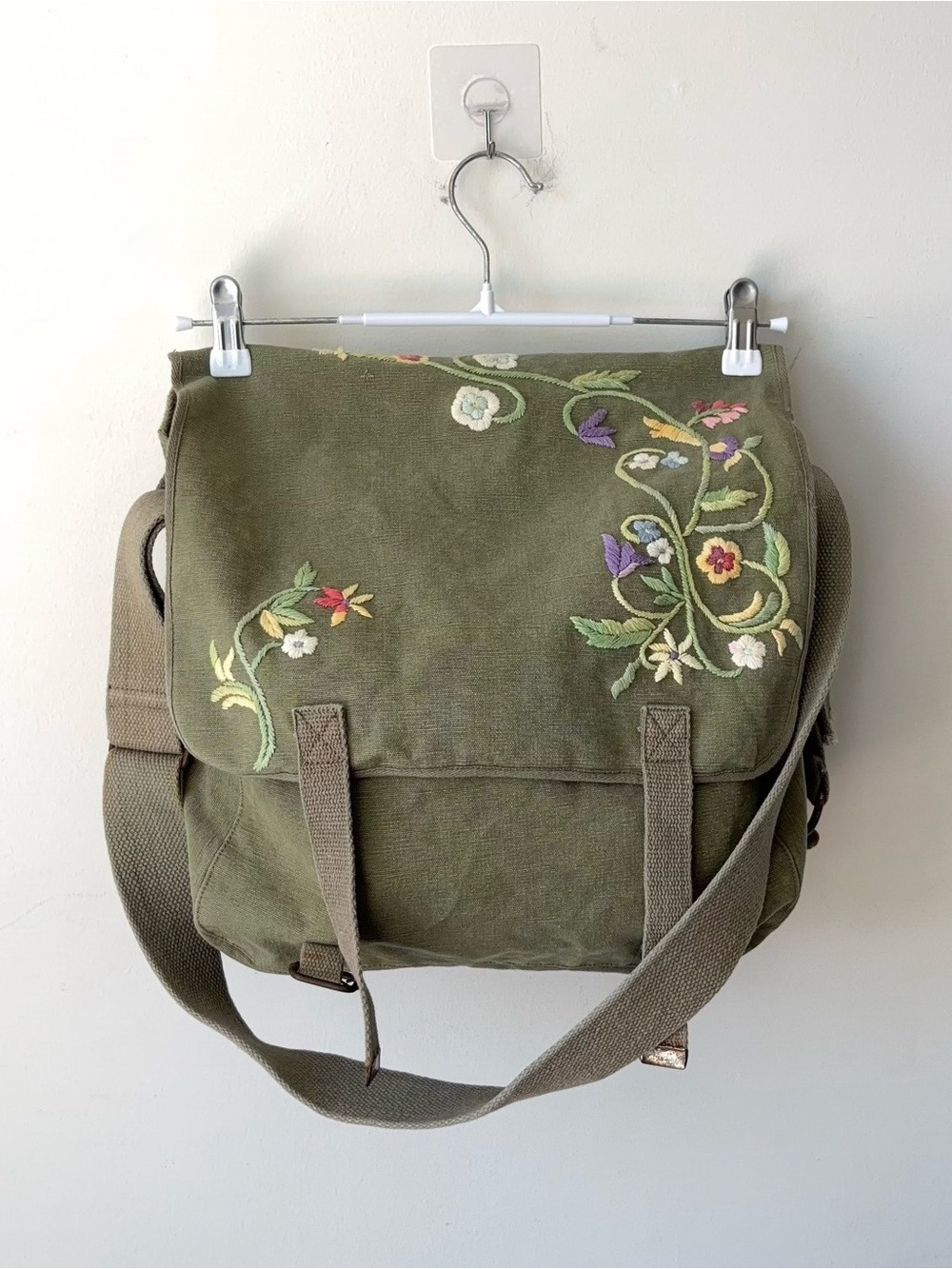 Ralph Lauren Rugby Embroidered Floral Green Canvas Crossbody Messenger Bag